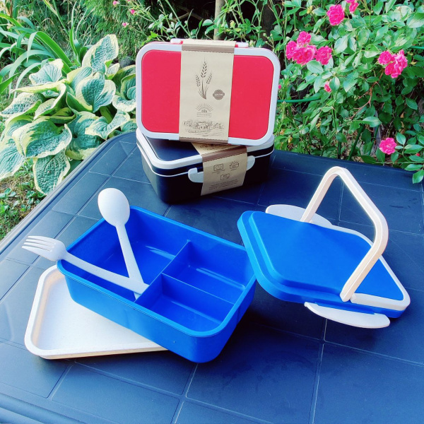 Двухуровневый ЭКО ланч-бокс Inar с приборами 1000 мл. / Контейнер для еды из пшеничного волокна разделенный